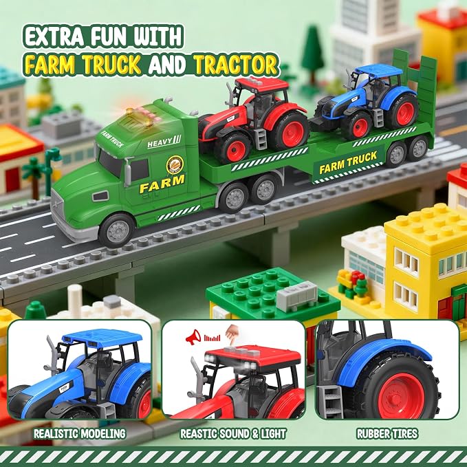 Toddler Toys for 3 4 5 6 Year Old Boys - 27" Large Semi Farm Truck Toy with 2 Tractors, 3-in-1 Friction Powered Transport Vehicle with Lights Sounds, Christmas Birthday Gifts for Boys Kids Age 3 4 5 6