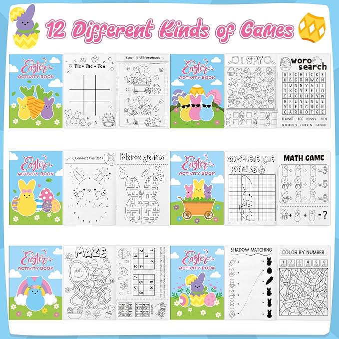 Easter Bunny Activity Books for Kids - 24Pcs Happy Easter Mini Games Coloring Book Set Rabbit Theme Bulk Mazes Word Search Word Scramble Games for School Classroom Spring Holiday Party DIY Favor