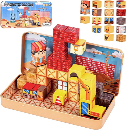 Magnetic Building Blocks Sensory Toys, Toddler Montessori Construction Stacking Toys, 35PCS Magnet Cubes for Kids, Gifts for Boys Girls, Portable Travel Toy Stem Learning Activities for Toddlers 3-8