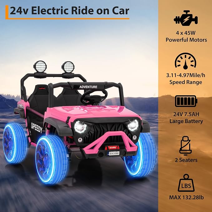 24V Ride on Car for Big Kids, Iron 2 Seater Ride on Toy, Fast 4.97MPH Truck, 4WD Kids Electric Vehicles with Remote Control, Spring Suspension, Front & Behind LED Lights, Dual Storage, Music,