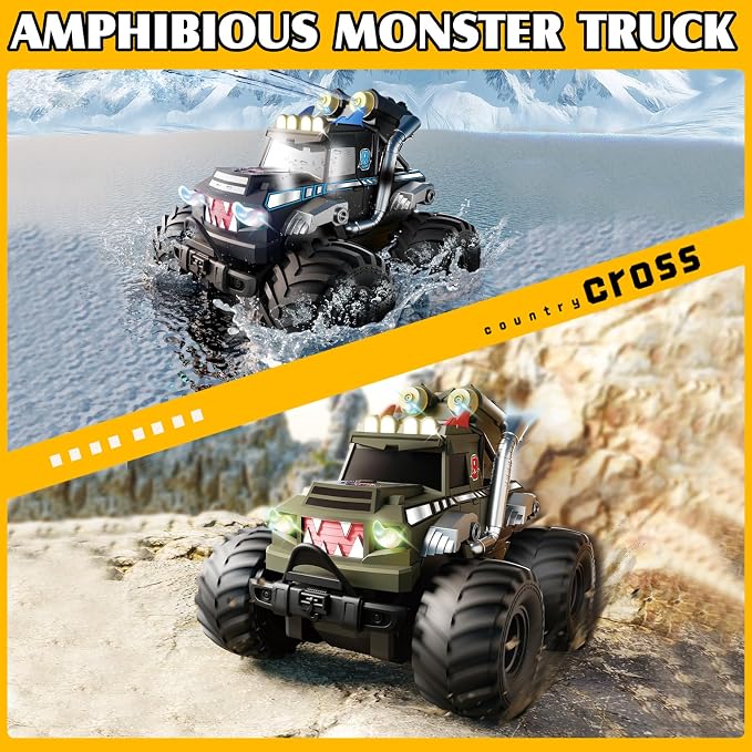 Dual Remote Control RC Car with Magic Gesture Wristband & 40+ Min Play, 1:18 Fully Submersible Waterproof All Terrain 4WD Monster Truck, Amphibious Toy Crawler Gift for Boys Girls Ages 6-12-Green