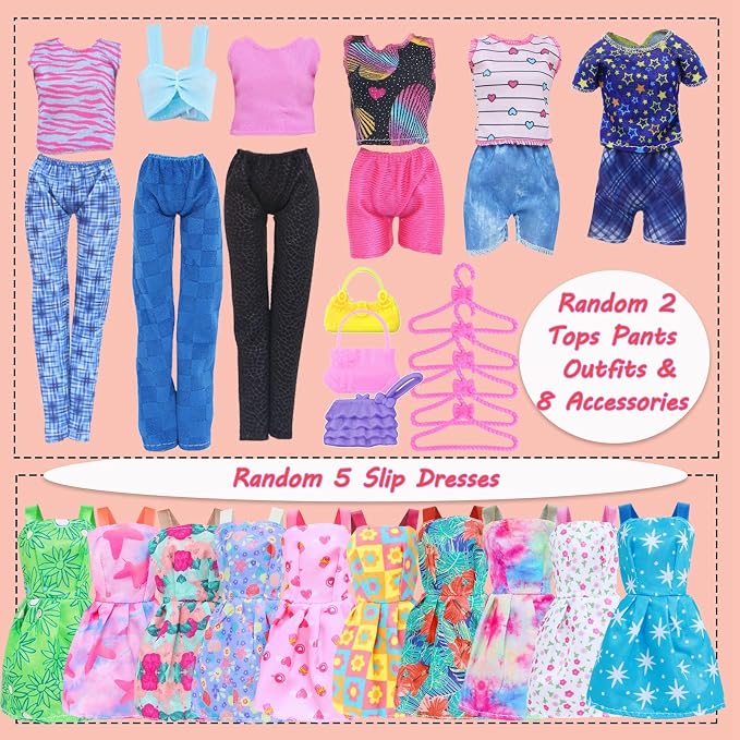 Doll Clothes 21Pcs Including 3 Fashion Dresses 5 Daily Slip Dresses 2 Casual Tops and Pants Outfits 2 Sequins Dress 1 Swimsuit 3 Bags 5 Hangers Accessories for 11.5 inch Girl Doll