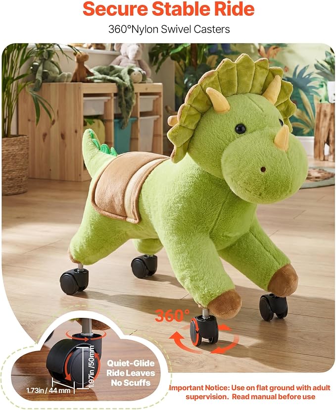 VEVOR Ride On Horse, Riding Dinosaur Toys for Kids, Features Lifelike Dinosaur Roars, No Battery Required, 360-Degree Flexible Smooth Wheels, Soft Seat, 88 lbs Max Load Capacity for Toddlers Ages 3+