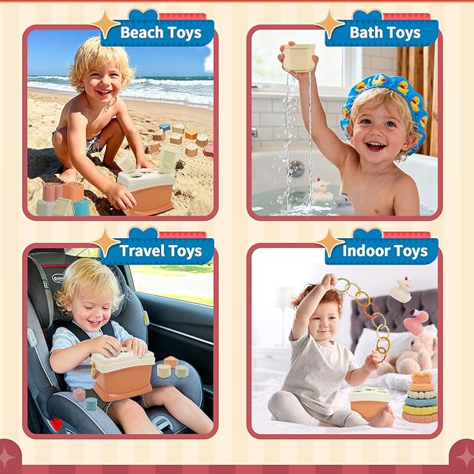 BYFWH Shape Sorter Toy for Toddler 1-3, Baby Stacking Toy with Nesting Cups, 5 in 1 Infant Learning Stackable Block for Sand & Bath Play, Birthday Gift for Girl Boy 9 Month