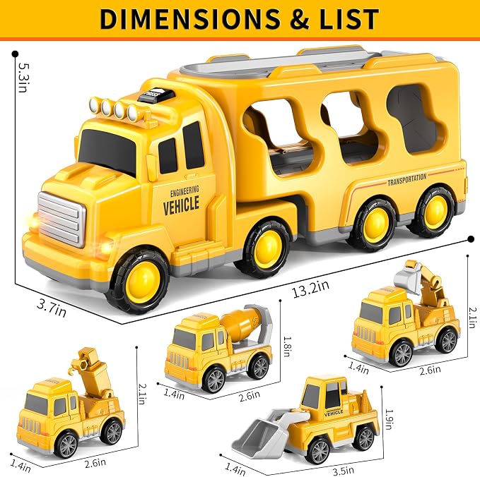 Bennol Construction Truck Toys for 1 2 3 4 5 Years Old Boys Toddlers, Cars Toys Gifts Construction Trucks with Excavator Crane Mixer Bulldozer, Toddler Car Toy Set for Kids Boys Girls