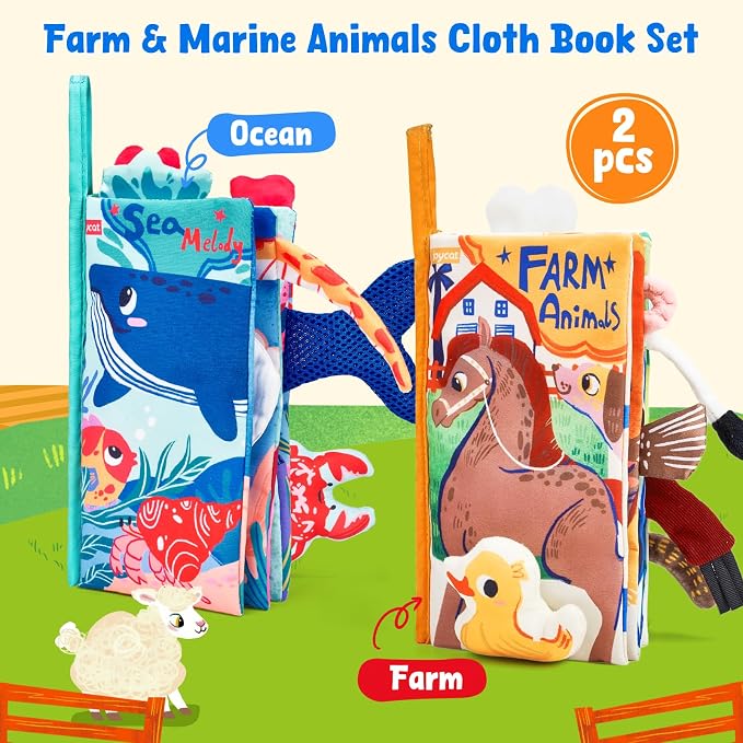 JoyCat 2-Pack Baby Cloth Books 0-6-12 Months - Farm & Ocean Infant Sensory Toys - Tummy Time Mirror & Montessori Developmental Learning -Easter Basket Stuffers Gift Set Girl Boy