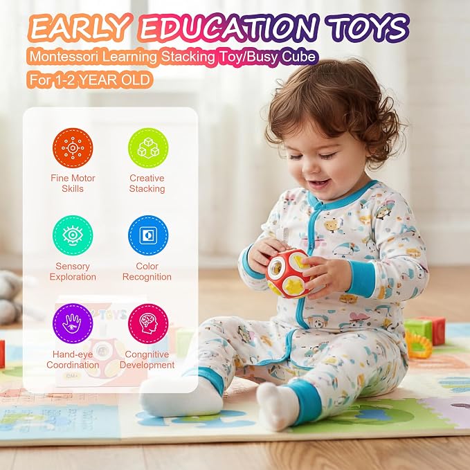 Busy Cube for Toddlers 1-3,12-in-1- Montessori Sensory Activity Cube with Children's Intellectual Development Learning,Educational Learning Gifts for Boys & Girls