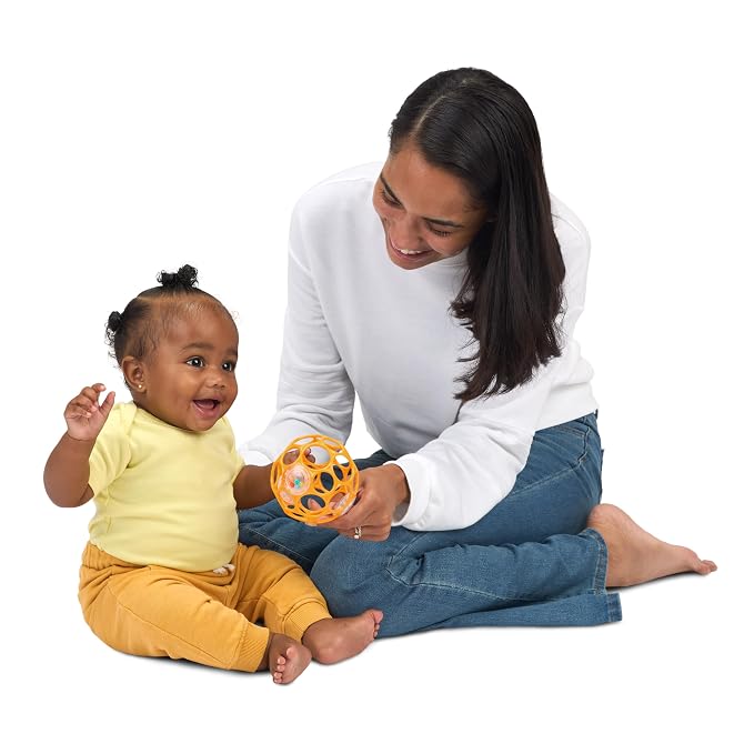 Bright Starts Oball Rattle Ball, Easy-Grasp Infant Rattle with Finger Holes, Orange, 0-36 Months