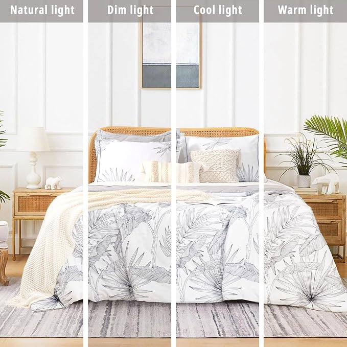 LEMIROE Botanical Cotton Comforter Queen Size - White Comforter with Delicate Black Leaves Patterns,Grey Reversible Lightweight Bedding Sets 3Pcs(Stripes)