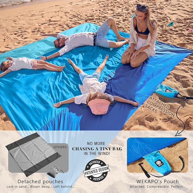WEKAPO Beach Blanket Sandproof Waterproof, Extra Large Beach Mat, Oversized & Compact Sand Free, Quick Drying Beach Essentials for Vacation, Cruise, Picnic & Camping with Stakes
