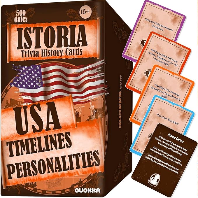 Quokka USA History & Personality Board Card Game - Istoria 500 Trivia Cards Double-Sided Deck - Fun Educational Trivia Games for Adults, Friends & Family Night - Ages 15+