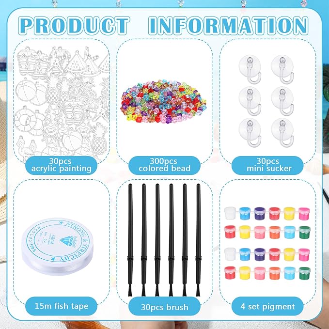 Yaomiao 30 Sets Summer Craft Kit End of Year Student Gifts Hawaiian Beach DIY Sun Catcher Bulk Paint Your Own Window Art Drawing Ornaments for Home Classroom Summer Activities Party Favor