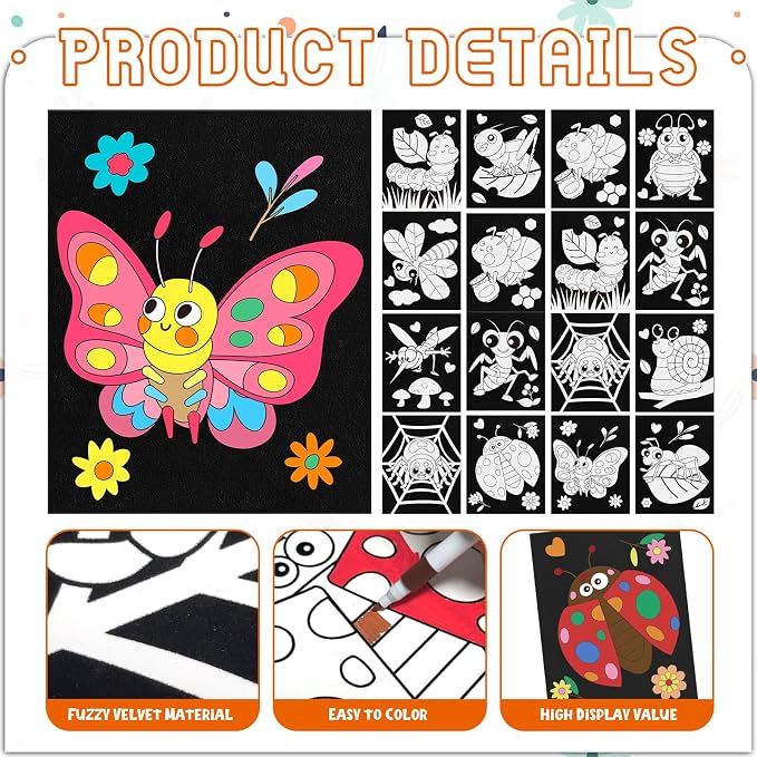 Cinrobiye 48 Pcs Velvet Coloring Posters Insect Fuzzy Posters to Color Bulk Felt Coloring Page Craft for Adults Teenagers All Ages Classroom Assisted Living Festive Holiday Art&Craft Activity