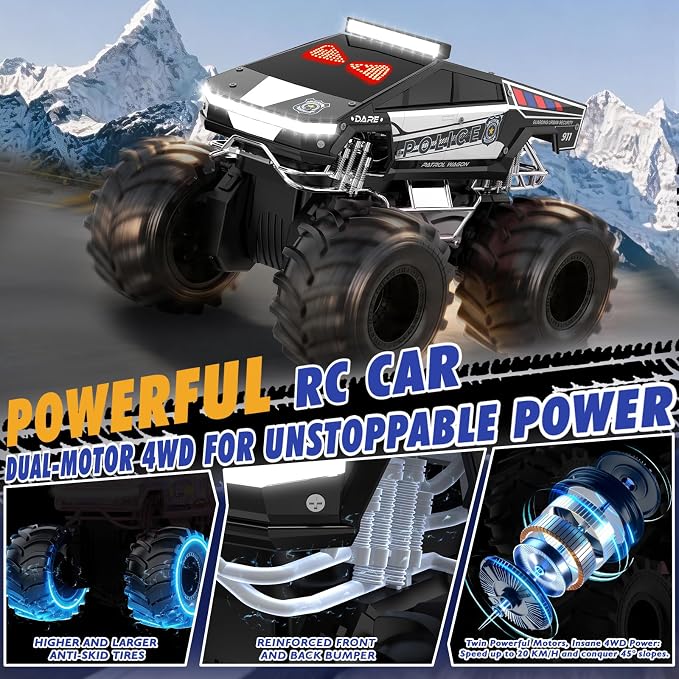 Qrytoi Police Remote Control Car with LED Light Eyes, Waterproof Amphibious Monster RC Car, 2.4GHz 4WD All-Terrain Cyber Truck Toy, Birthday Gift for Kids Ages 6-12