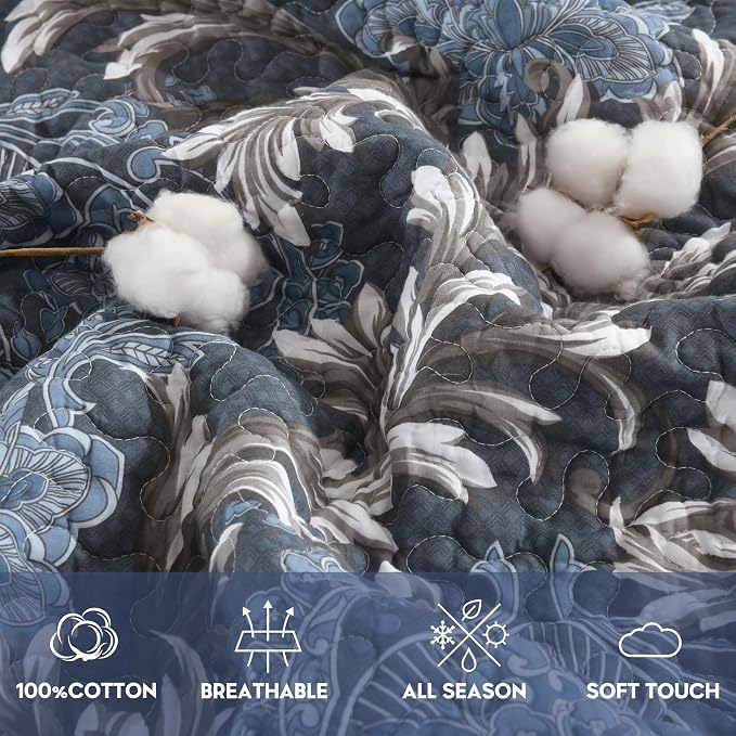 100% Cotton Classic Damask Reversible King Size Quilt Set, Blue & White | Traditional Elegant, Floral Pattern, King Quilt with Shams, Lightweight, Scrollwork, 3 Piece Bedspread, All Season, 106"x98"
