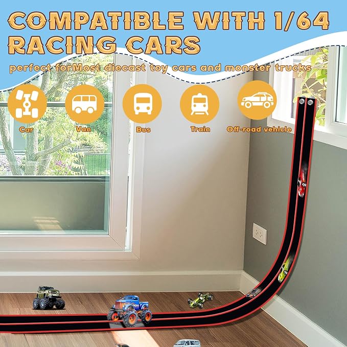 Flex Tracks 15 Ft for Kids Starter Set, Flexible Race Car Ramp Track with Suction Cups Compatible with Diecast 1/64th Cars for Ages 3 & Up (Black & Red)