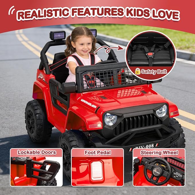 12V 7AH Kids Ride-On Truck Car, Electric Car with Parent Remote Control, Spring Suspension, LED Lights, Bluetooth, Music, Bright Red