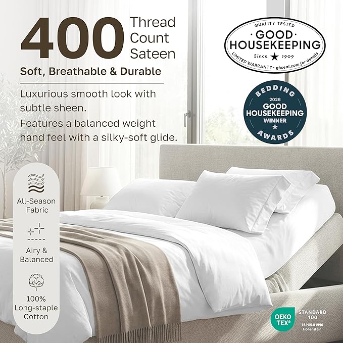 California Design Den Soft 100% Cotton Bed Sheets Split King Set, 400 Thread Count Good Housekeeping Award Winner, Silky Smooth Sateen, Deep Pockets, Durable Split King Bed Sheet Set - Sky Blue