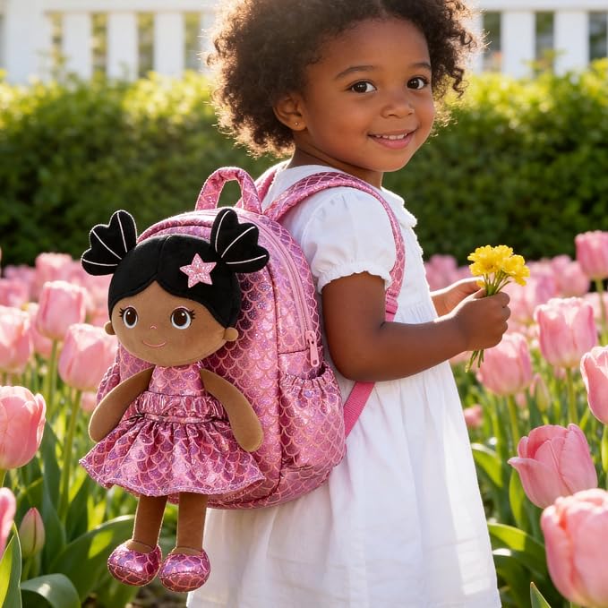 Lazada Toddler Backpack - Baby Girl Gifts Plush Doll Dress Backpack - Fashion Girls Tina Fish Scale Series - Rose Red11 Inches
