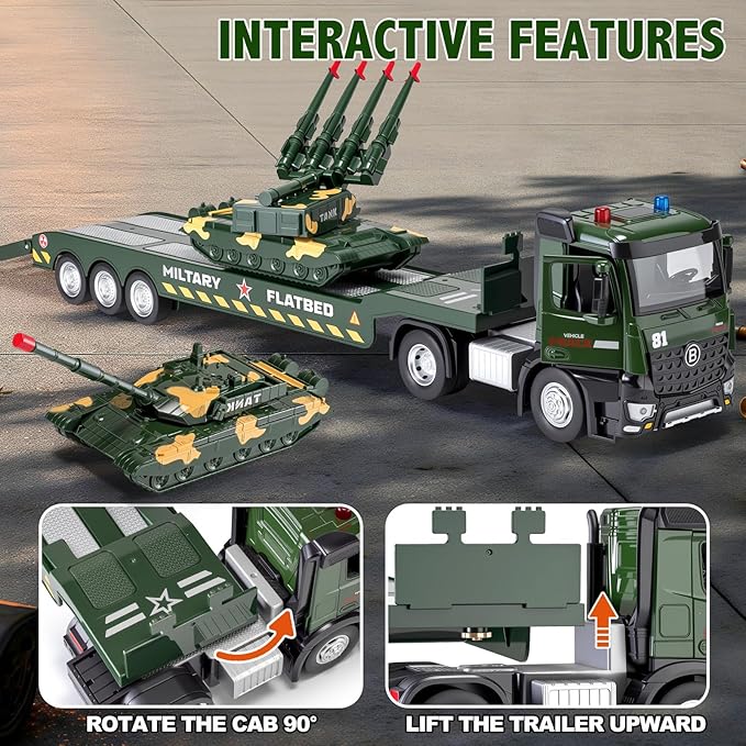 HAPYAD Green Military Big Truck Set Metal Cab, Semi Truck with Trailer, Tank, Missile Tank, Die-cast Army Vehicles Toys with Lights & Sounds, Ideal Gift for 3 4 5 6 7 Years Old Boys Kids Toddlers