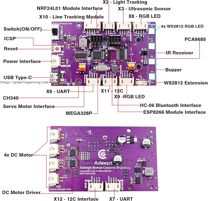 Adeept 4WD Smart Car Kit(Compatible with Arduino IDE), Line Tracking, Light Tracing, Obstacle Avoidance, Servo Motor, OLED Display, Buzzer, LED Dot Matrix Display
