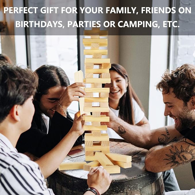 Megwoz Medium Tumble Tower Games for Kids and Adults 57 Blocks New Zealand Pine Wooden Blocks Stacking to 3FT Family Game for Indoors Outdoors Yard Games for Family