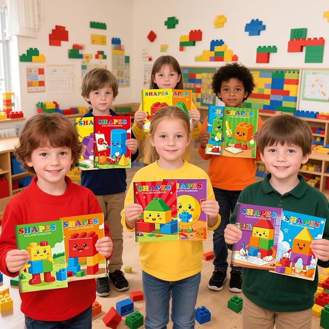 BenLouis 24 Pcs Building Block Mini Coloring Books Kids Geometric Shapes Party Favors Small Activity Books Bulk for Kids Building Birthday Goodie Bags Stuffers Return Gifts Classroom Travel