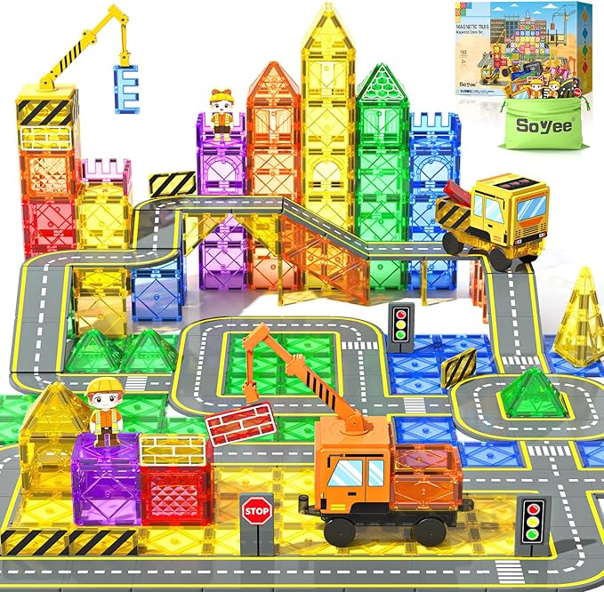 Soyee 102 PCS Magnetic Tiles with 2 Cars & 2 Cranes Magnet Construction Building Kids Toys for Creative Play and STEM Learning Boys Toys & Gifts for 3-12