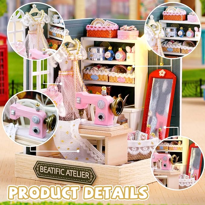 Kisoy Dollhouse Miniature with Furniture Kit, DIY 3D Wooden DIY House Kit with Dust Cover,Handmade Tiny House Toys for Teens Adults Gift (Beatific Atelier)