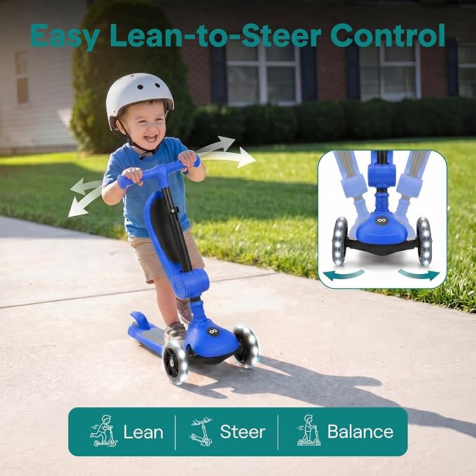 SereneLife 3 Wheel Scooter for Toddlers & Kids, Foldable Seat, LED Wheels, Adjustable Handlebar, Anti-Slip Deck, Rear Foot Brake, Lean-to-Steer, Kid Scooter Ages 18M–7Y, Supports up to 110 lbs., Blue