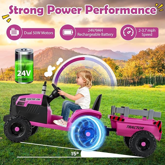 Costzon 24V Ride on Tractor with Detachable Trailer, Kids' Electric Vehicles with 3 Speeds, 15° Climbing, Wireless Design, Horn & Music, Remote Control Tractor Toy for Kids 3+,Gift (24V, Dark Pink)