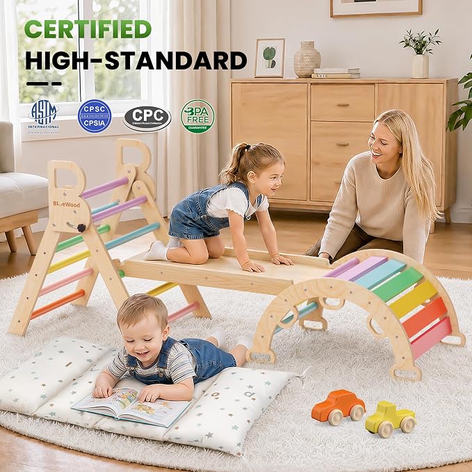 BlueWood Pikler Triangle Set with Cushion - Climbing Toys for Toddlers 9-in-1, Montessori Philosophy Play Jungle Gym with Arch, Ramp, Ladder (Rainbow)