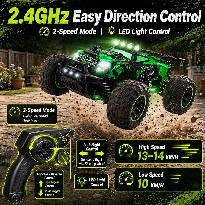 JoyRapt Remote Control RC Cars, 2.4GHz 1:18 2-Speed RC Car with LED Lights, 2WD Remote Control Truck Gifts for Beginner Boys Girls, Toy Car Birthday Christmas Easter Stuffer Gifts for Beginner Kids