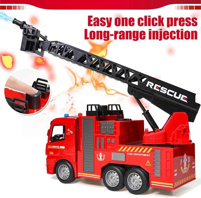 MQDMINI Remote Control Fire Truck Toy - Fireman Fire Truck with Jet Pump and Lights, Red Toy for 3 Year Old Boys, Girls and Toddlers