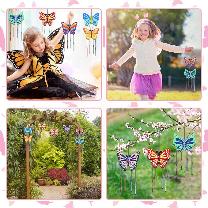 Fennoral 8 Pack Butterfly Wind Chime Kits for Kids Make Your Own Butterfly Wind Chimes Wooden Arts and Crafts Ornaments DIY to Paint Butterfly Craft for Summer Art Activity Birthday Gift Decoration