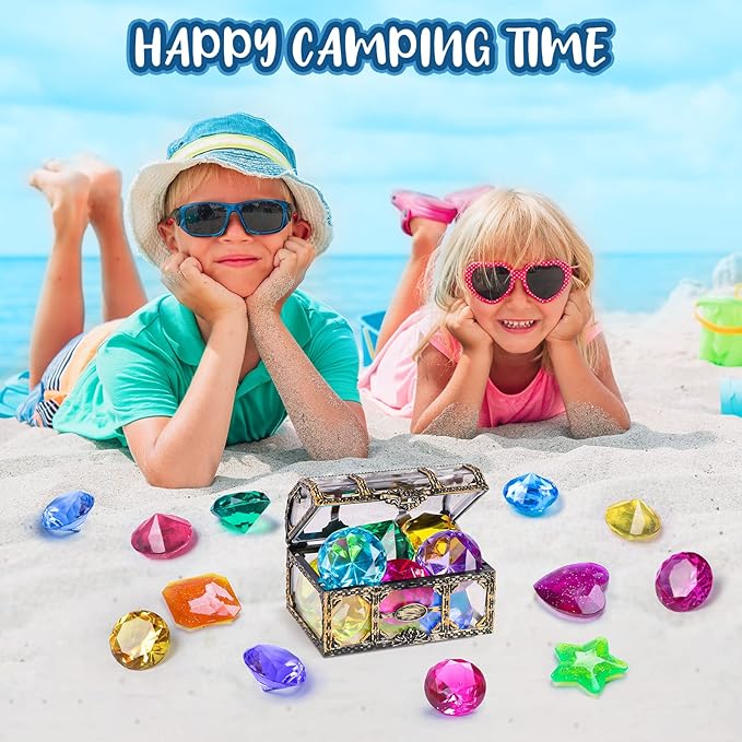DISHIO Diving Gem Pool Toys 16PCS Large Swimming Pool Toy Set with Pirate Treasure Box Chest for Kids Toddlers Underwater Sinking Dive Gems Colorful Diamond Diving Toys for Swimming Training