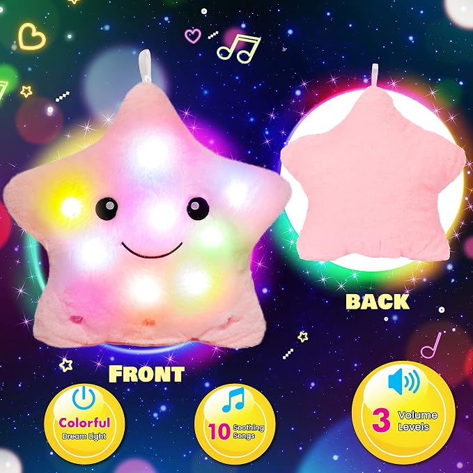 13" Musical Pink Star Plush Pillow Glowing Twinkle Night Light Stuffed Animal LED Toys Adjustable Volume Birthday for Girls Boys