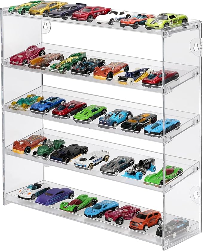 45+ Toy Cars Display Case, 5 Tier Plastic Wall Mount Storage Case for 1:64 Scale Toy Cars & Matchbox Cars, Diecast Cars Storage Organizer, Toy Car Display for Collectors & Kids