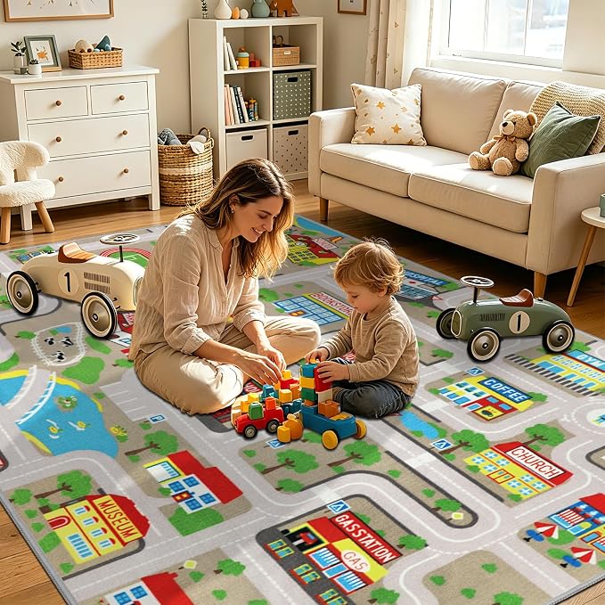 Capslpad Tan Car Road Kid Rug Carpet Playmat for Playoom Traffic Road Kids Play Mat for Toddler Non Slip Washable City Map Race Track Carpet Rug for Kids Room Bedroom Nursery Room Decor,6.6'x5'