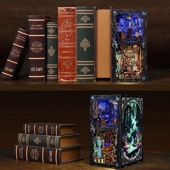 Book Nook DIY Kit,Mysterious Creature Diorama 3D Wooden Puzzle with LED,Bookend Bookshelf Decoration,Miniature Doll House for Home Decor,Chamber of Stranger Beasts