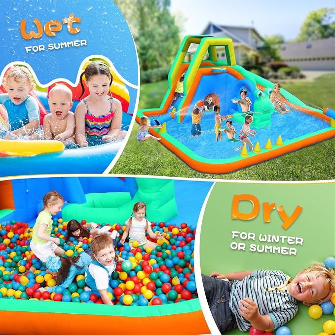 Bonnlo Inflatable Water Slide, Frog Design 8-in-1 Kids Water Park, with Climbing Wall, Blower Included, Backyard Summer Toy for Ages 3-8, Blue & Green