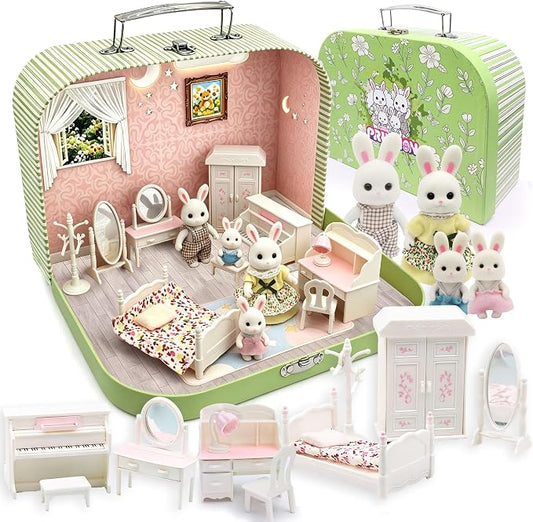 Dollhouse Bedroom Furniture Accessories Suitcase Set for Kids, Miniature Bed Wardrobe Dressing Mirror Piano Chair Table & 4 Flexible Dolls, Pretend Play Toy for Girls Ages 3+ (Girls' Bedroom)