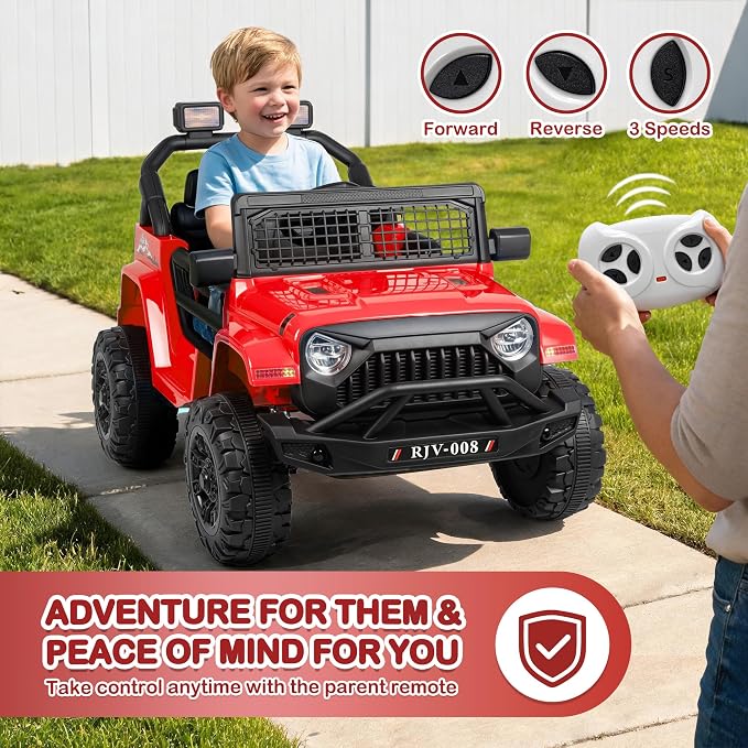 12V 7AH Kids Ride-On Truck Car, Electric Car with Parent Remote Control, Spring Suspension, LED Lights, Bluetooth, Music, Bright Red