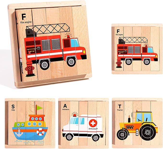 4 in 1 Montessori Wooden Puzzle Toy for Toddlers Ages 2 and Up – Educational Toys for Kids, Toddler Puzzle Toy for Early Learning & Fine Motor Development-Transportation