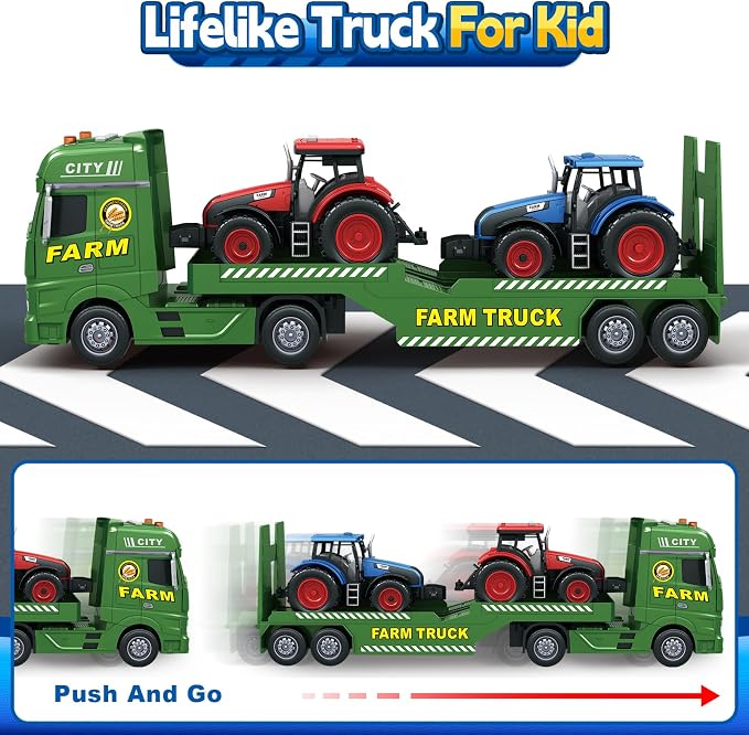 Bstoyder Toddler Boy Toys for 3 4 5 6 7 Years Kids, 25" Semi Flatbed Truck Toy with 2 Tractors, Friction Powered Vehicles Toys with Lights and Sounds, Birthday for Boy Girls