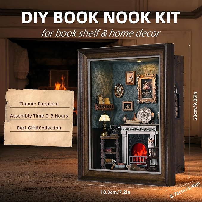 Book Nook Kit - 3D Wooden Puzzle with LED Switch Control & Wall-Mountable Frame,DIY Miniature House for Beginners,Bookshelf/Tabletop/Wall Decor for Craft Lovers,Dollhouse Gift,Fireplace