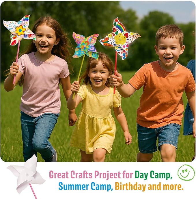 KwestSync 48 Pack DIY Pinwheels for Kids - Bulk Spring Summer Crafts for Kids 3-5, 4-6, 4-8, Color Your Own Paper Windmill - Great Activity for July 4th Patriotic Classroom Birthday