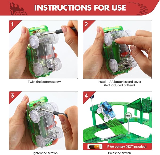 Magnetic Track Cars Replacement Only, Flex Track Race cars Accessories Construction Building Kits for Magnet Tracks Glow in the Dark, Only Compatible with Magnetic Car Tracks for Kids Ages 3+ (4pack)
