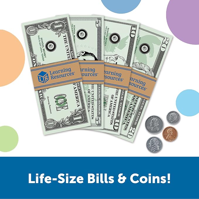 Learning Resources Pretend & Play Money - Kids Cash Register, Dollars, Pretend Classroom Play Sets for Kids, Toy Currency, Toy Dollar Bills