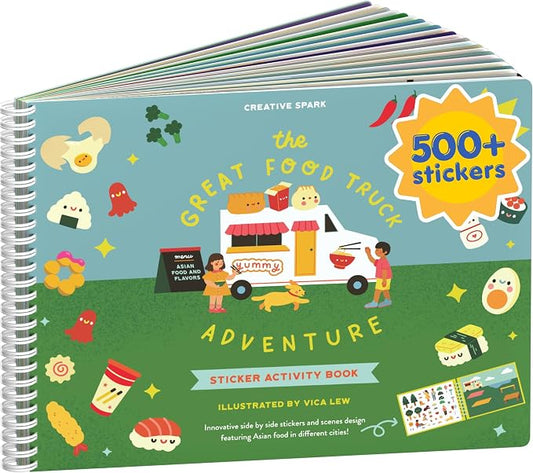 Food Truck Adventure 500+ Kids Sticker Book by Cupkin Fun Toddler Travel Activity Coloring and Sticker Book, Road Trip Essentials, 12 Coloring Pages + 12 Scenes for Ages 2–8 Years